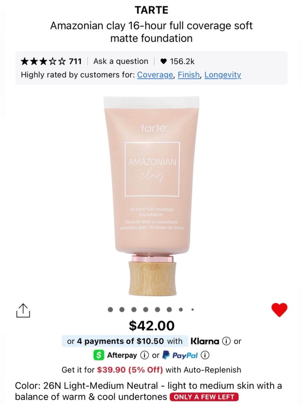 Tarte Amazonian Clay Foundation, Shade 26N Light-Medium Neutral